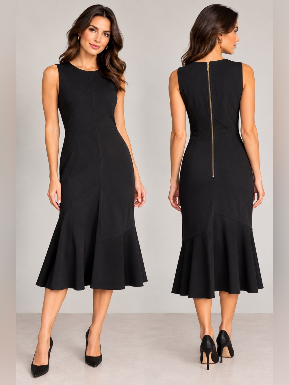 NWT Donna Karan New York Black Ponte Sleeveless Flounce Hem Midi Dress Sz 8